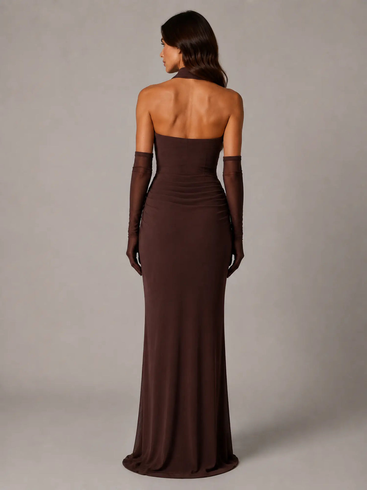 Women's Satin Maxi Dress – Strapless Draped Cowl Neck in Brown – Back view