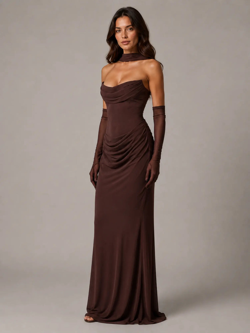 Women's Satin Maxi Dress – Strapless Draped Cowl Neck in Brown – Hover view