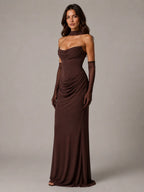 Women's Satin Maxi Dress – Strapless Draped Cowl Neck in Brown – Hover view