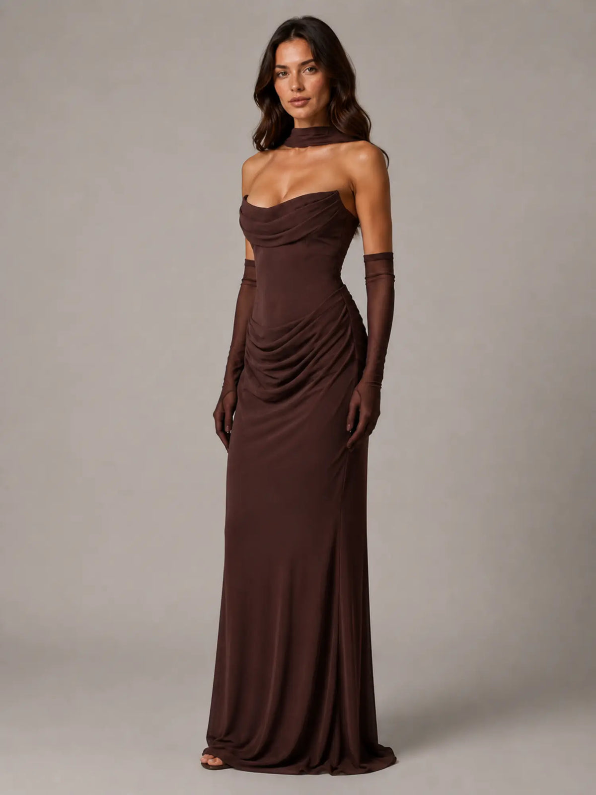 Women's Satin Maxi Dress – Strapless Draped Cowl Neck in Brown – Hover view
