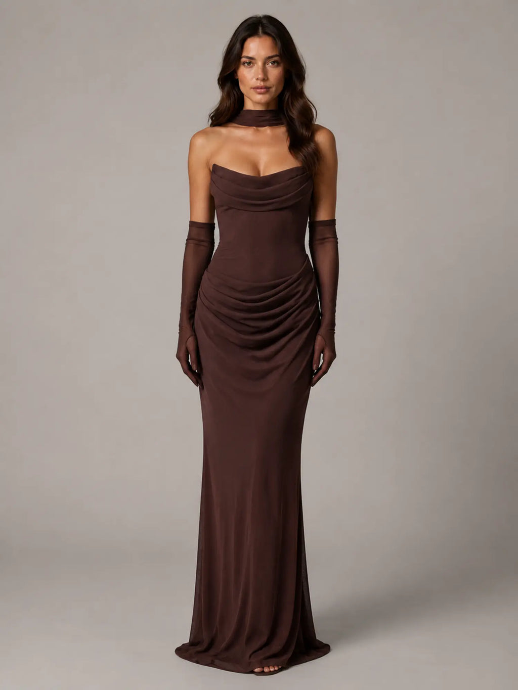 Women's Satin Maxi Dress – Strapless Draped Cowl Neck in Brown – Main view