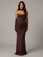 Women's Satin Maxi Dress – Strapless Draped Cowl Neck in Brown – Main view