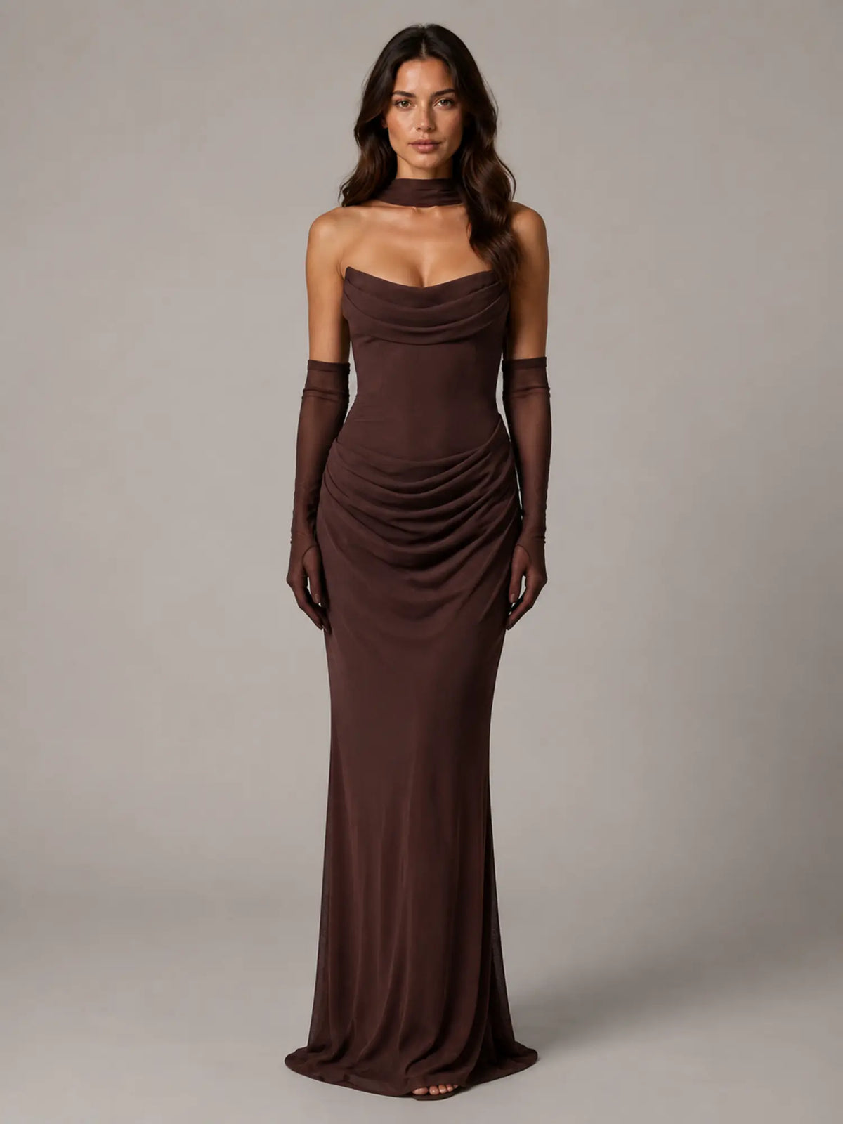 Women's Satin Maxi Dress – Strapless Draped Cowl Neck in Brown – Main view