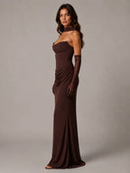 Women's Satin Maxi Dress – Strapless Draped Cowl Neck in Brown – Side view