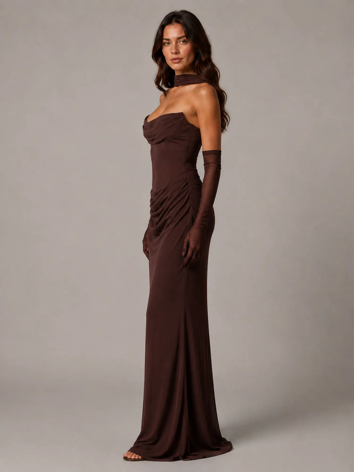 Women's Satin Maxi Dress – Strapless Draped Cowl Neck in Brown – Side view