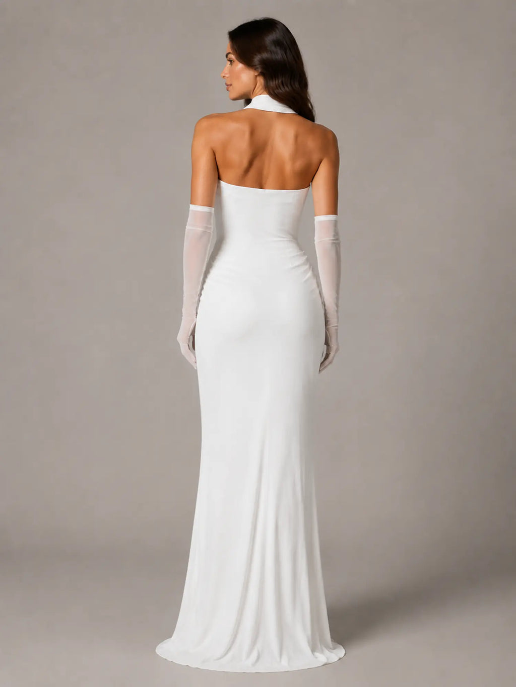 Women's Satin Maxi Dress – Strapless Draped Cowl Neck in White – Back view