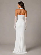 Women's Satin Maxi Dress – Strapless Draped Cowl Neck in White – Back view