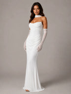 Women's Satin Maxi Dress – Strapless Draped Cowl Neck in White – Hover view