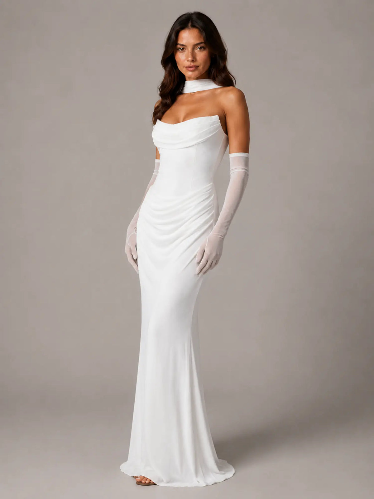 Women's Satin Maxi Dress – Strapless Draped Cowl Neck in White – Hover view
