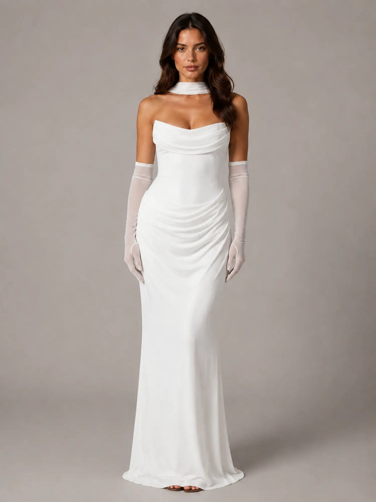 Women's Satin Maxi Dress – Strapless Draped Cowl Neck in White – Main view