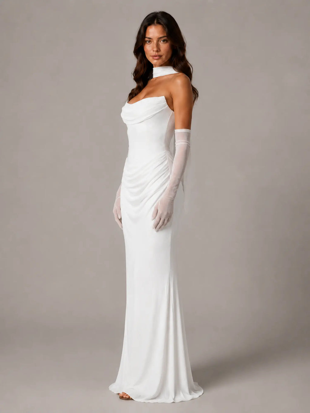 Women's Satin Maxi Dress – Strapless Draped Cowl Neck in White – Side view