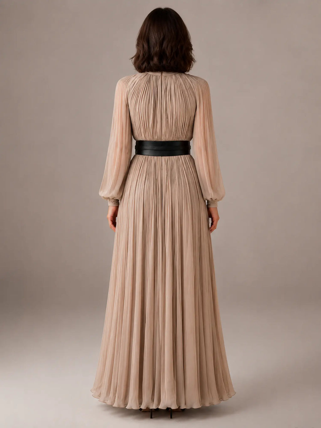 Women's Pleated Maxi Dress – High Neck Long Sleeve in Beige – Back view