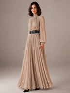 Women's Pleated Maxi Dress – High Neck Long Sleeve in Beige – Hover view