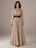 Women's Pleated Maxi Dress – High Neck Long Sleeve in Beige – Main view