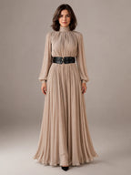 Women's Pleated Maxi Dress – High Neck Long Sleeve in Beige – Main view