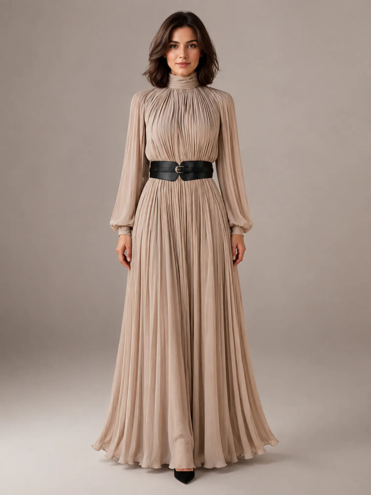 Women's Pleated Maxi Dress – High Neck Long Sleeve in Beige – Main view