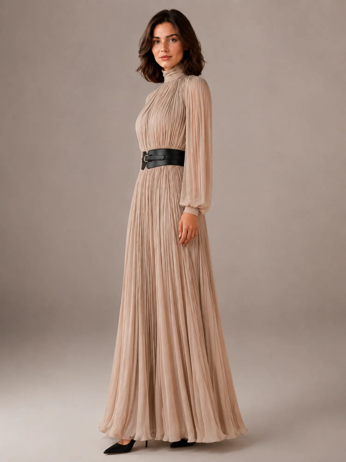 Women's Pleated Maxi Dress – High Neck Long Sleeve in Beige – Side view