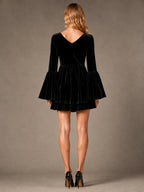 Women's Velvet Mini Dress – V-Neck Bell Sleeve in Black – Back view