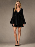Women's Velvet Mini Dress – V-Neck Bell Sleeve in Black – Main view