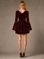 Women's Velvet Mini Dress – V-Neck Bell Sleeve in Burgundy – Back view