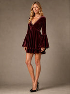 Women's Velvet Mini Dress – V-Neck Bell Sleeve in Burgundy – Hover view