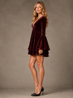 Women's Velvet Mini Dress – V-Neck Bell Sleeve in Burgundy – Side view