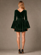 Women's Velvet Mini Dress – V-Neck Bell Sleeve in Green – Back view