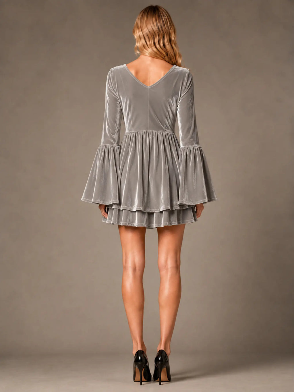 Women's Velvet Mini Dress – V-Neck Bell Sleeve in Grey – Back view