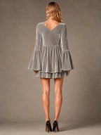 Women's Velvet Mini Dress – V-Neck Bell Sleeve in Grey – Back view
