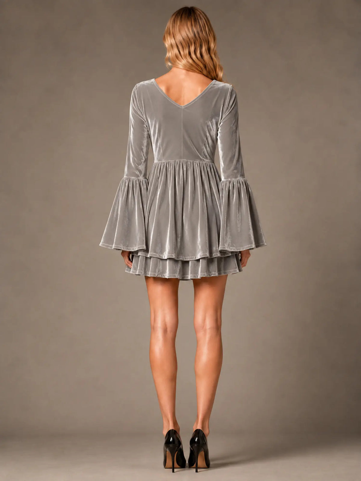 Women's Velvet Mini Dress – V-Neck Bell Sleeve in Grey – Back view