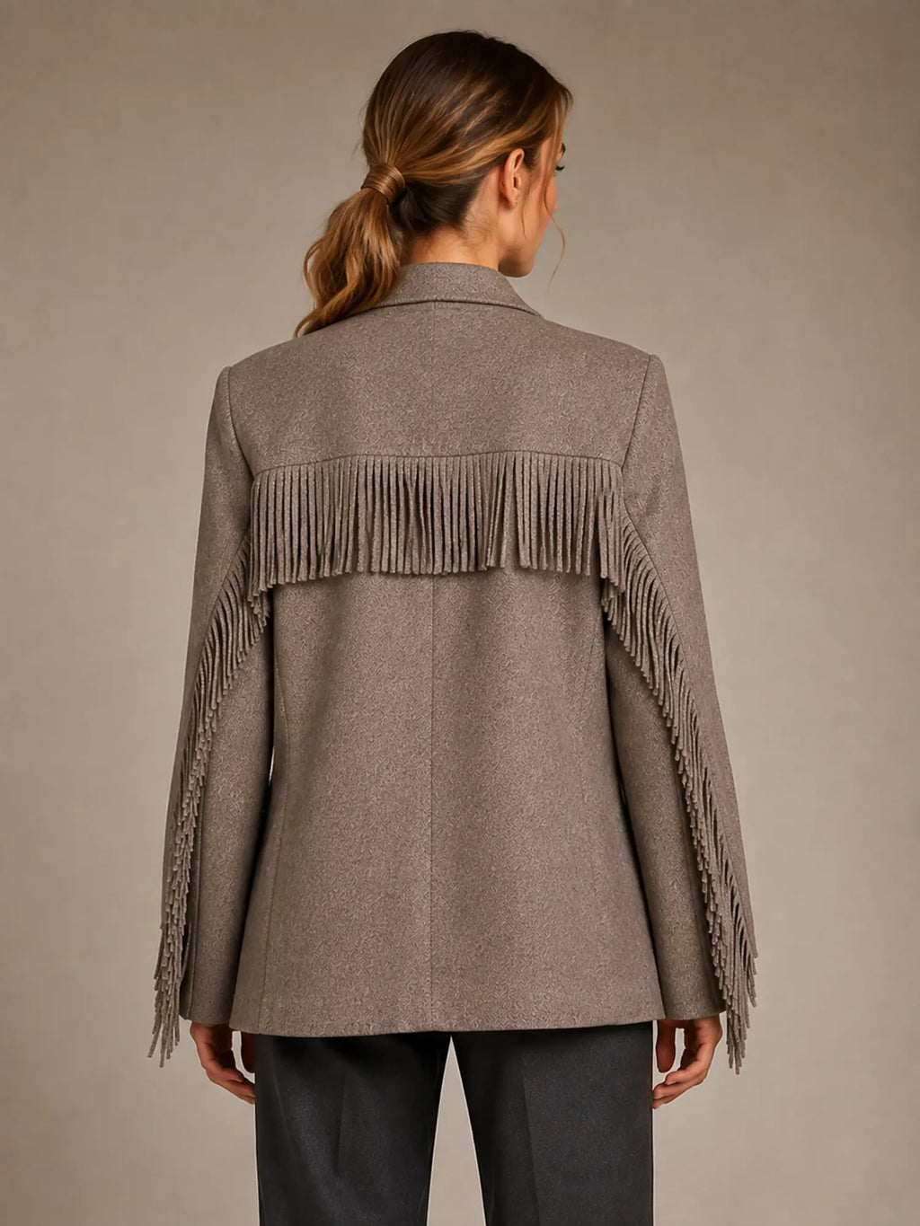 Women's Tassel Blazer – Fringe Lapel Collar in Brown – Back view