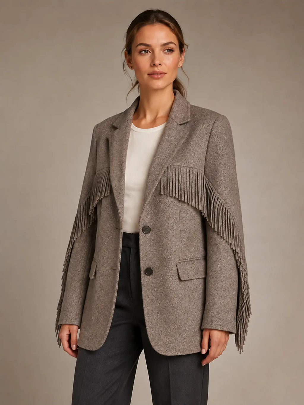 Women's Tassel Blazer – Fringe Lapel Collar in Brown – Hover view