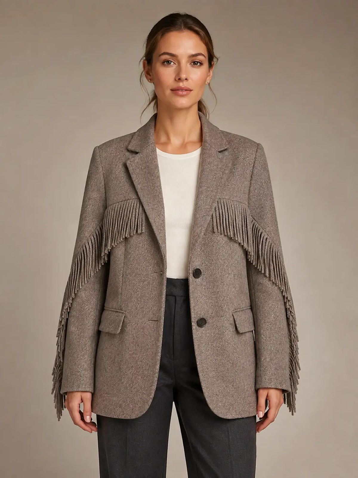Women's Tassel Blazer – Fringe Lapel Collar in Brown – Main view