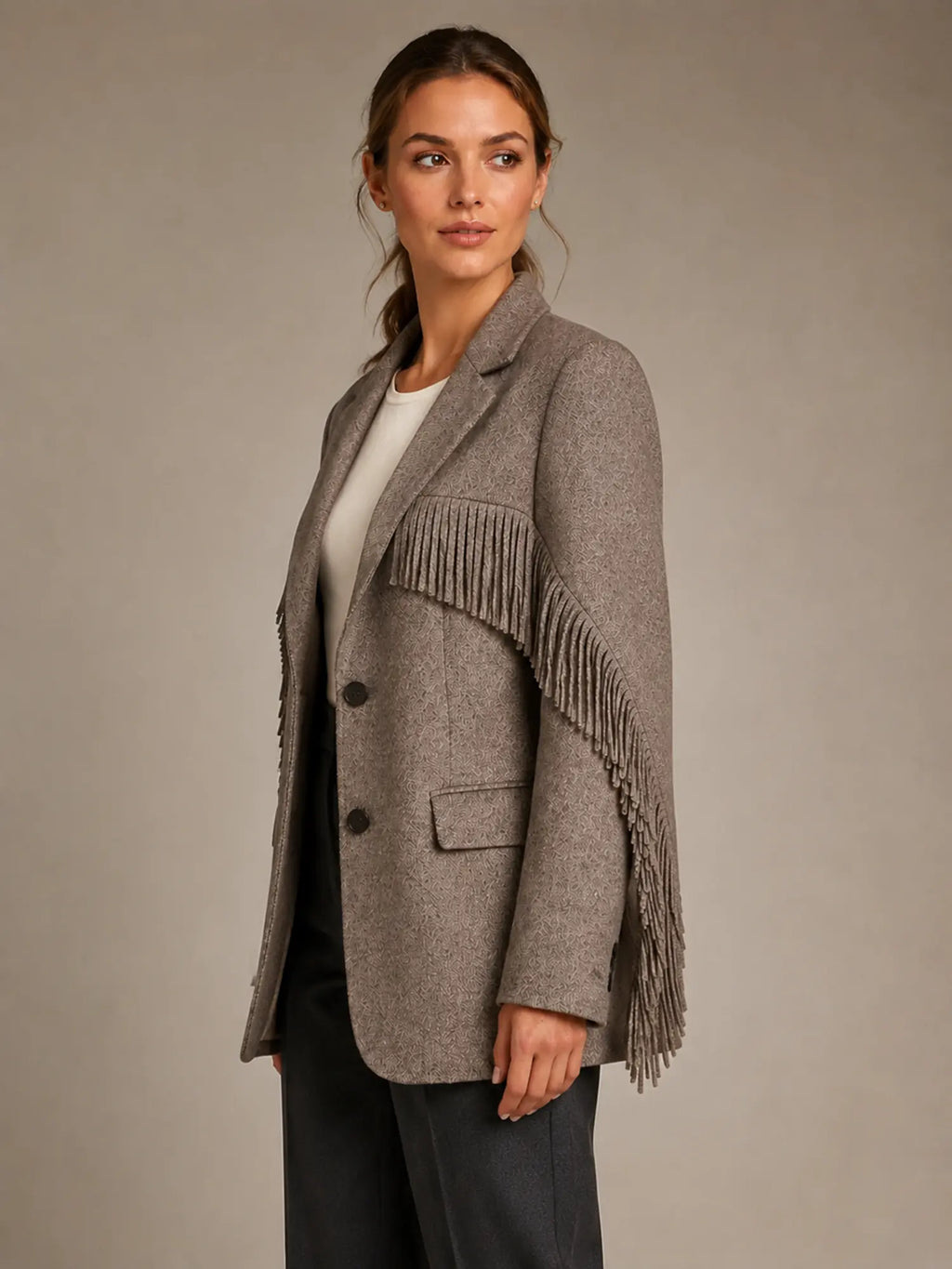 Women's Tassel Blazer – Fringe Lapel Collar in Brown – Side view
