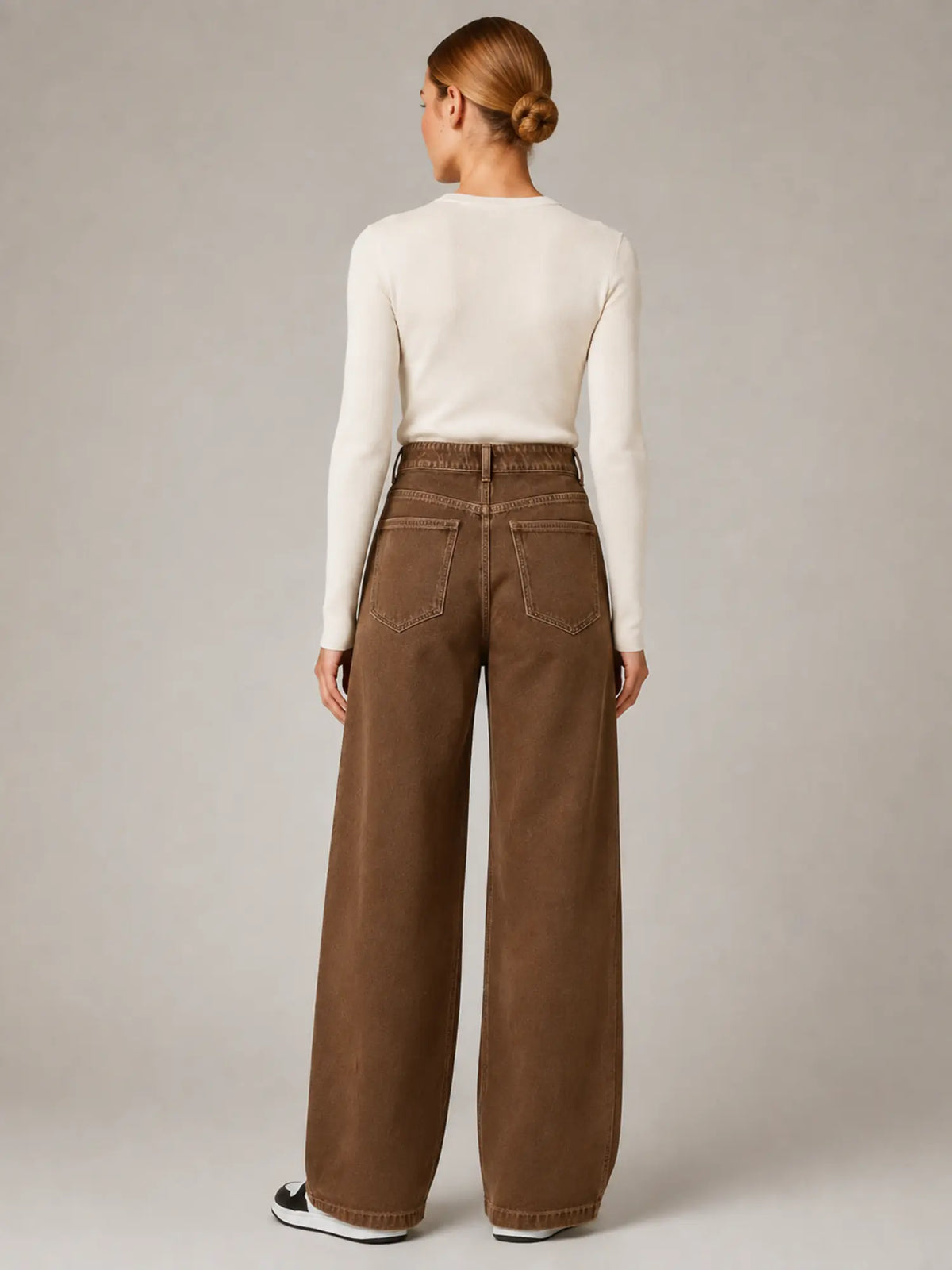Women's Wide Leg Jeans – High Waisted Brown Denim in Brown – Back view