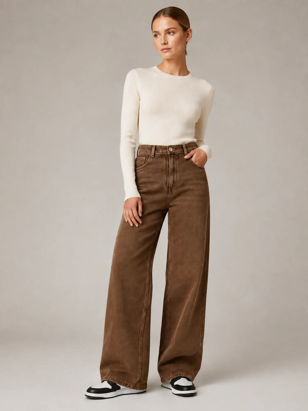 Women's Wide Leg Jeans – High Waisted Brown Denim in Brown – Hover view
