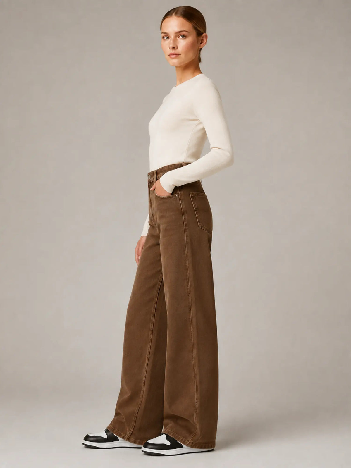 Women's Wide Leg Jeans – High Waisted Brown Denim in Brown – Side view