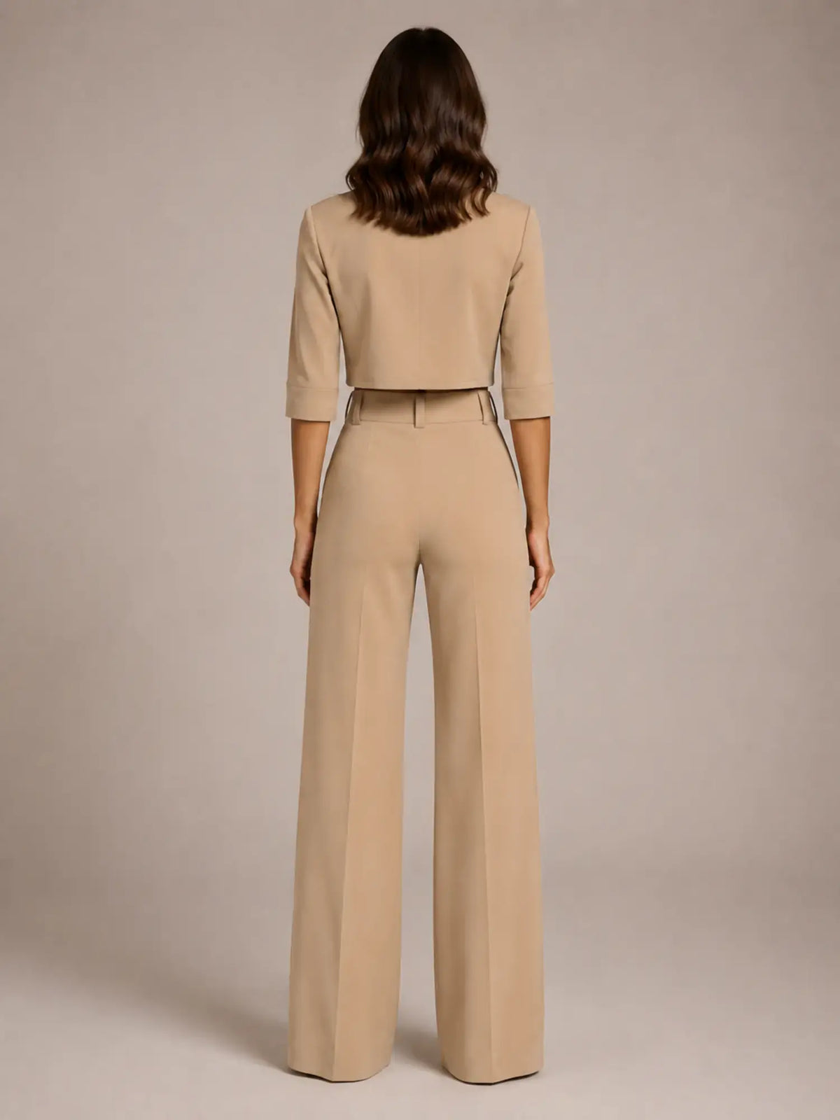 Women's Cropped Top Co-Ord – Wide Leg Trousers in Beige – Back view
