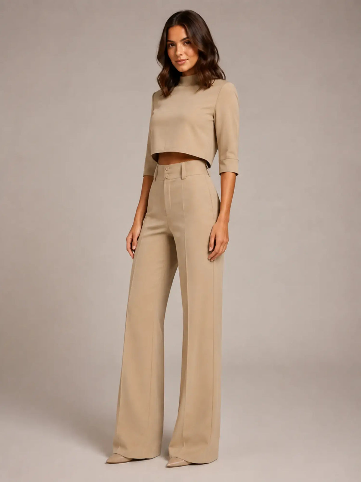 Women's Cropped Top Co-Ord – Wide Leg Trousers in Beige – Hover view