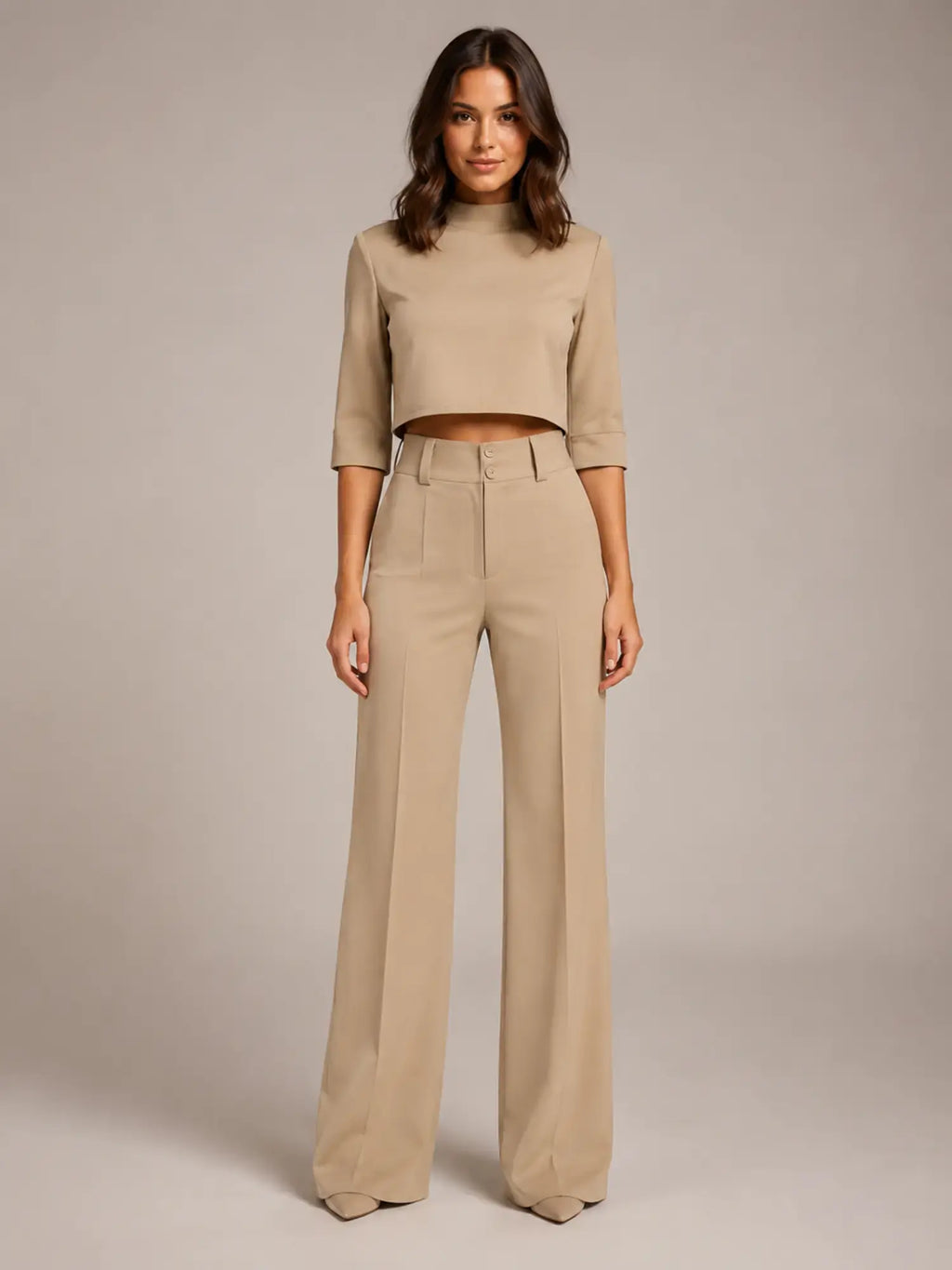 Women's Cropped Top Co-Ord – Wide Leg Trousers in Beige – Main view