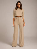 Women's Cropped Top Co-Ord – Wide Leg Trousers in Beige – Main view