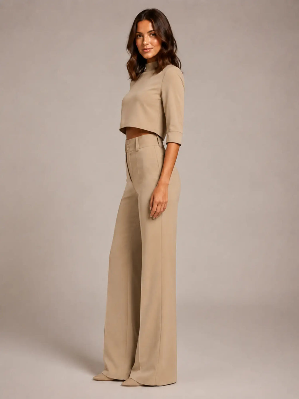 Women's Cropped Top Co-Ord – Wide Leg Trousers in Beige – Side view
