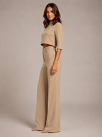Women's Cropped Top Co-Ord – Wide Leg Trousers in Beige – Side view
