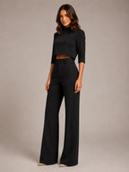 Women's Cropped Top Co-Ord – Wide Leg Trousers in Black – Hover view