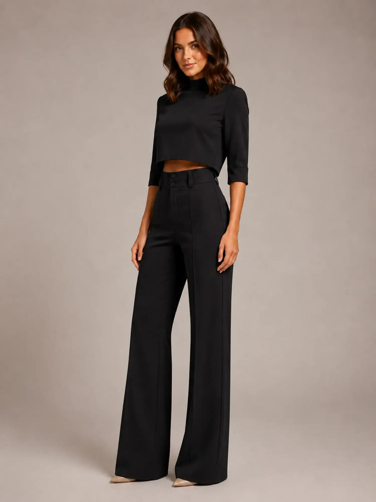 Women's Cropped Top Co-Ord – Wide Leg Trousers in Black – Hover view