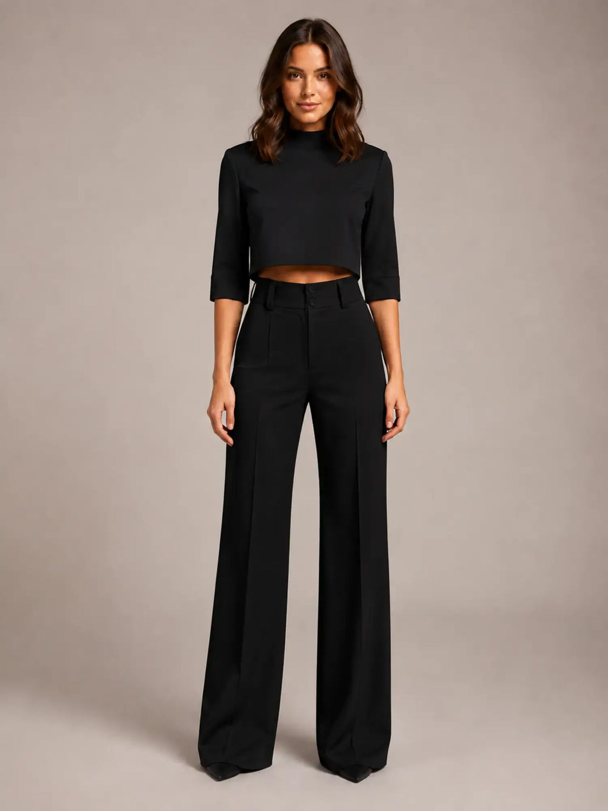 Women's Cropped Top Co-Ord – Wide Leg Trousers in Black – Main view