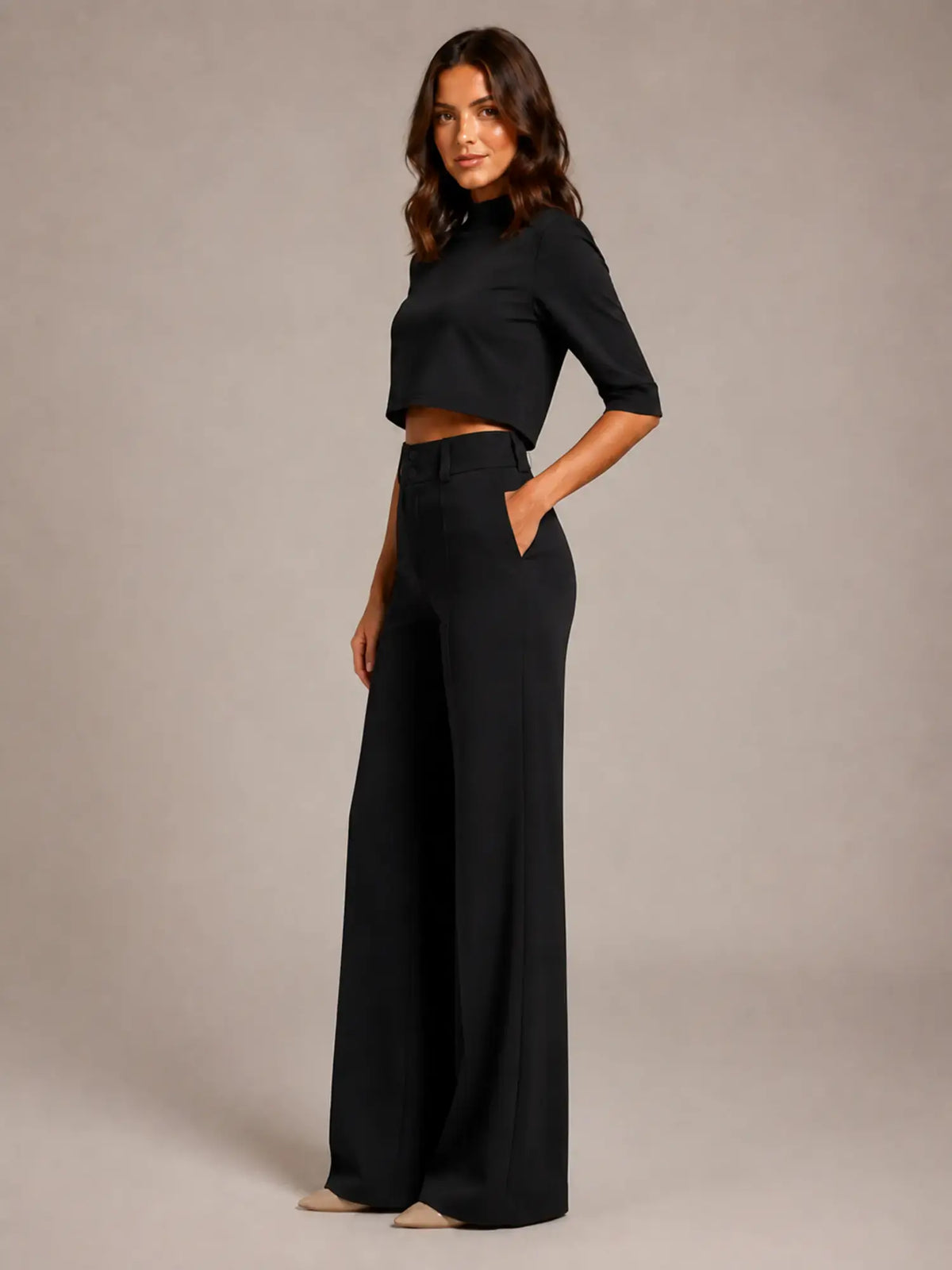 Women's Cropped Top Co-Ord – Wide Leg Trousers in Black – Side view