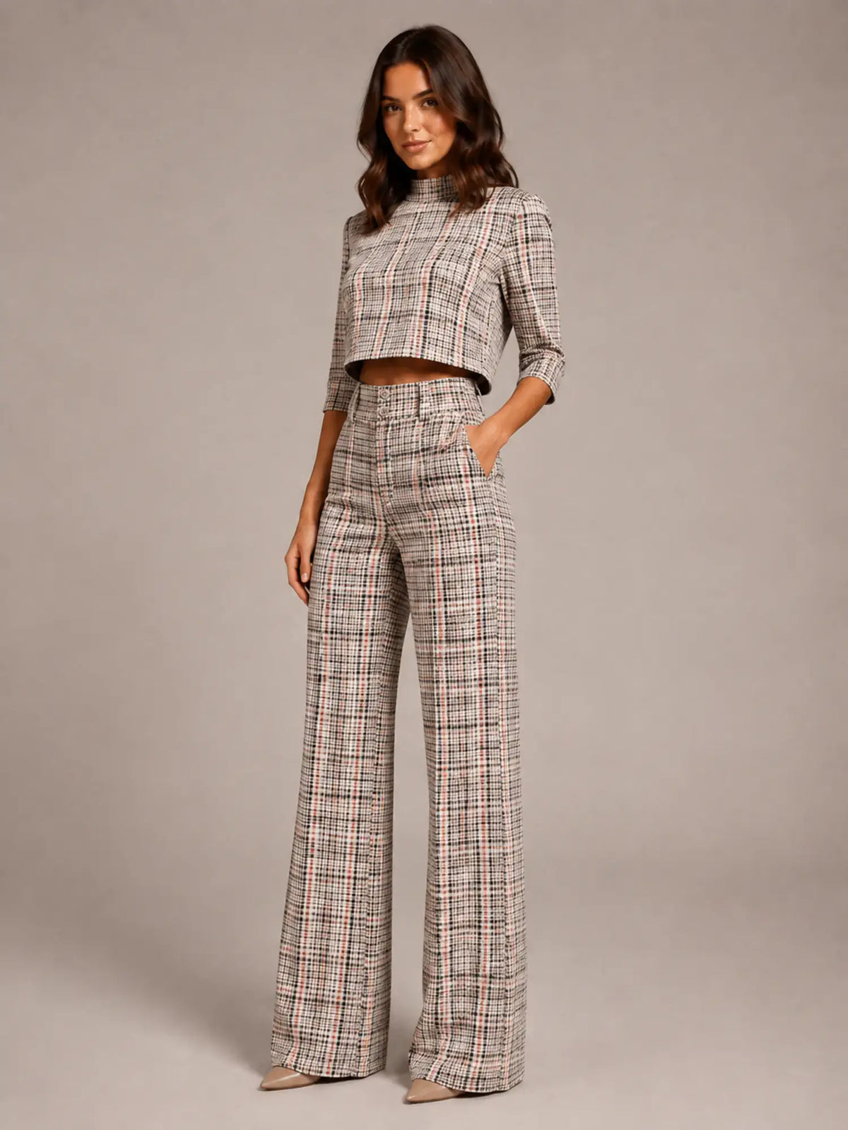 Women's Cropped Top Co-Ord – Wide Leg Trousers in Check – Hover view