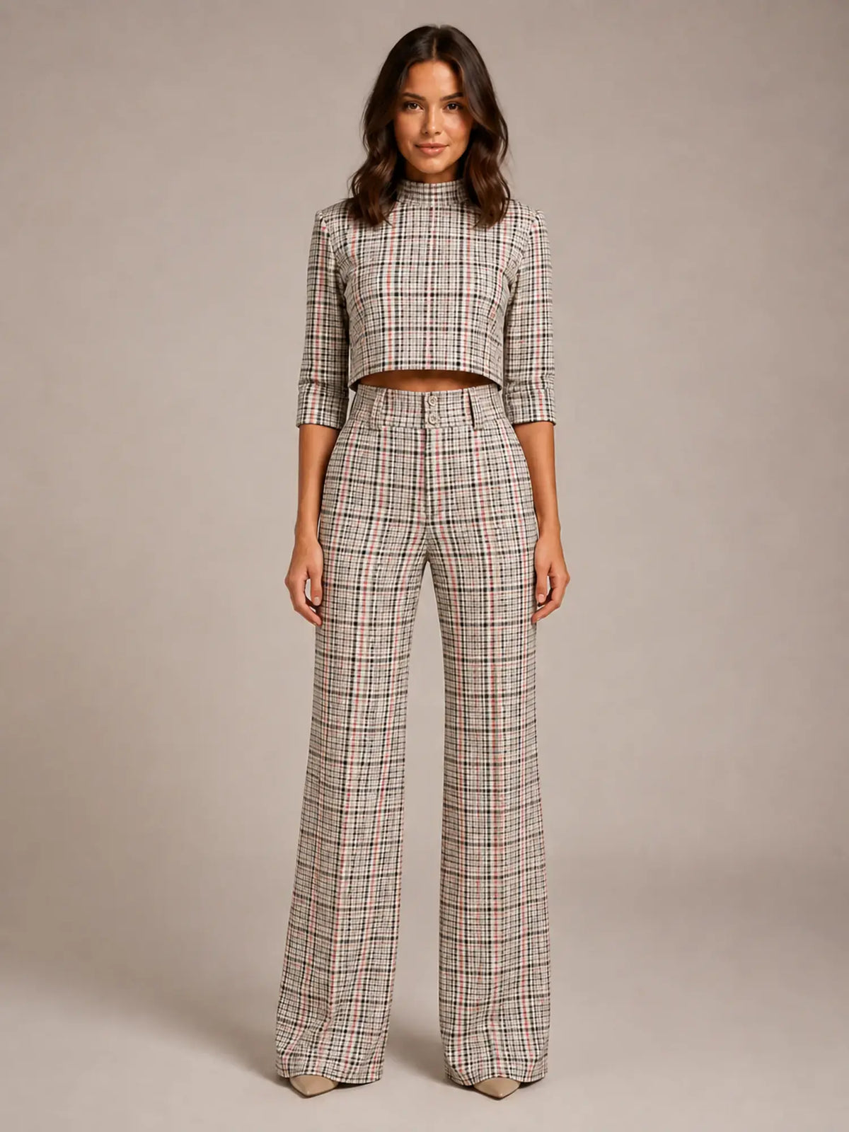 Women's Cropped Top Co-Ord – Wide Leg Trousers in Check – Main view