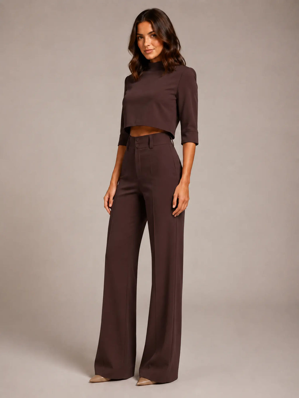 Women's Cropped Top Co-Ord – Wide Leg Trousers in Chocolate – Hover view